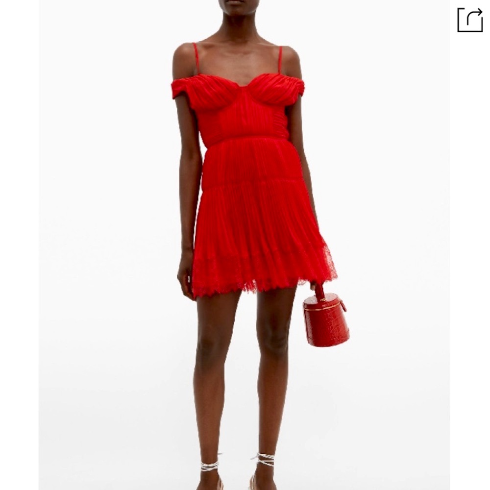 Self Portrait red off shoulder chiffon lace dress